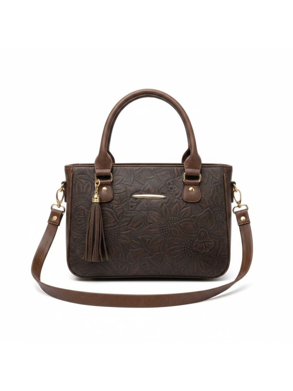 Dark Brown Tasseled Floral Embossed Tooled Artisan LEATHER Crossbody Purse Bag - Picture 2 of 16